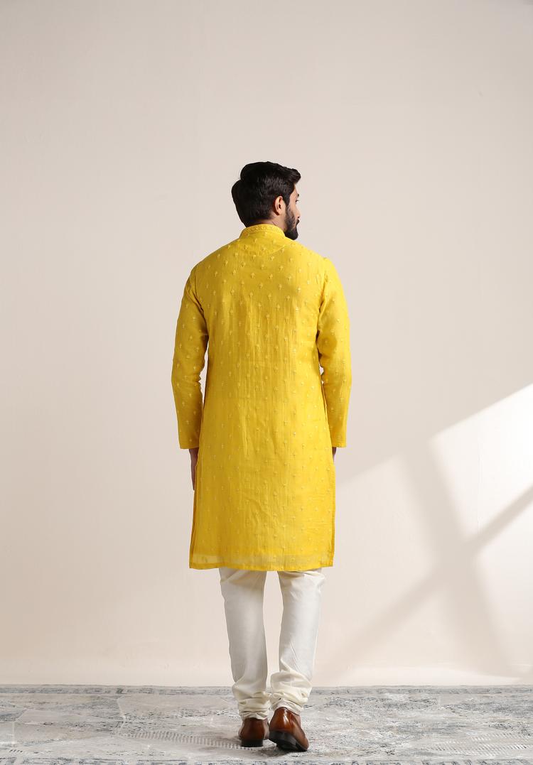 Twamev Men Vibrant Yellow Self Embroidered Kurta Set