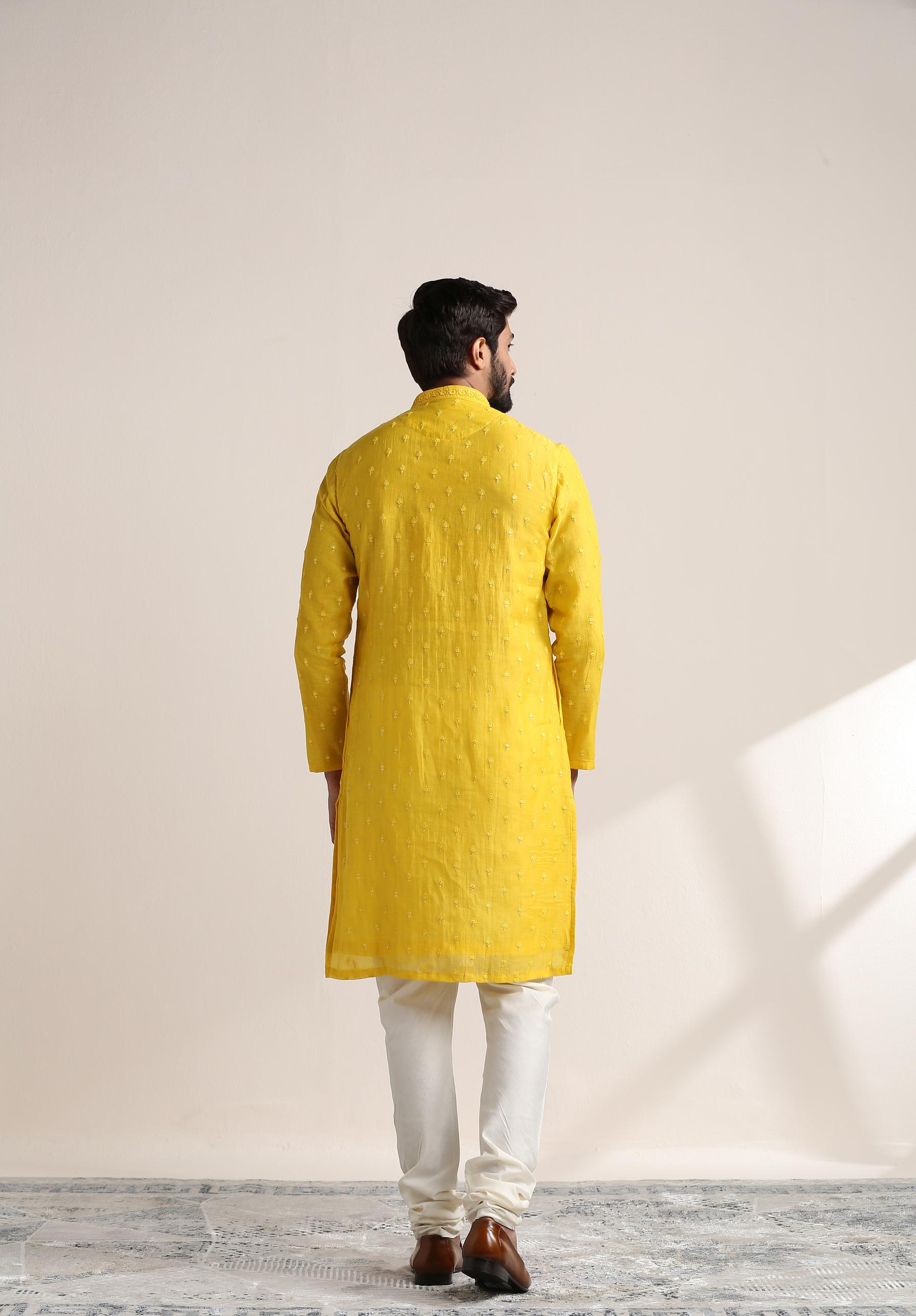 Twamev Men Vibrant Yellow Self Embroidered Kurta Set