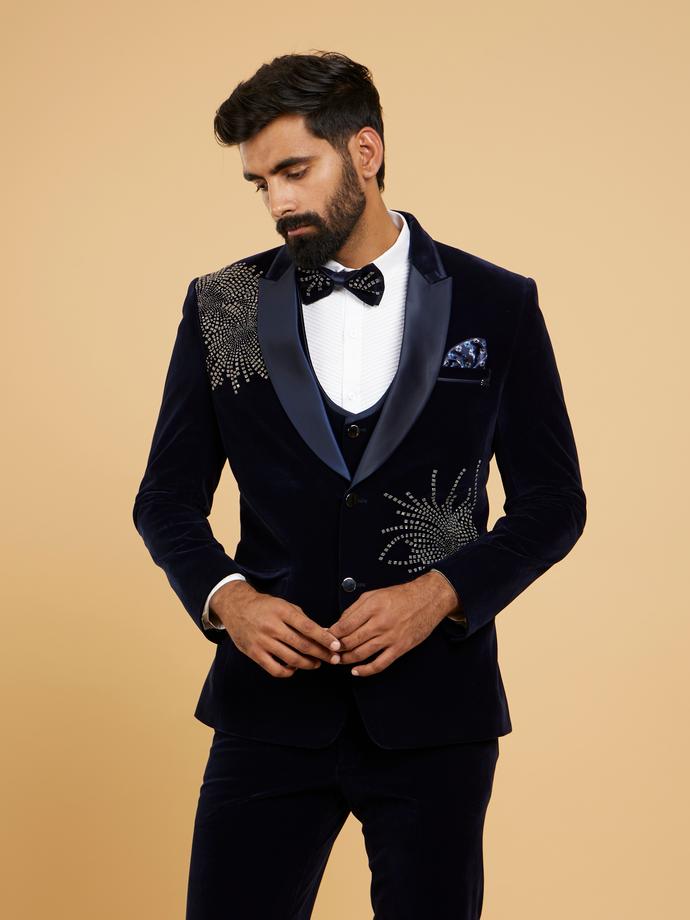 Twamev Men Midnight Blue Embellished Suit Set with Notched Collar
