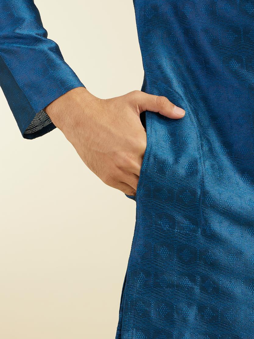 Diwas Men Teal Blue Star Self Patterned Kurta
