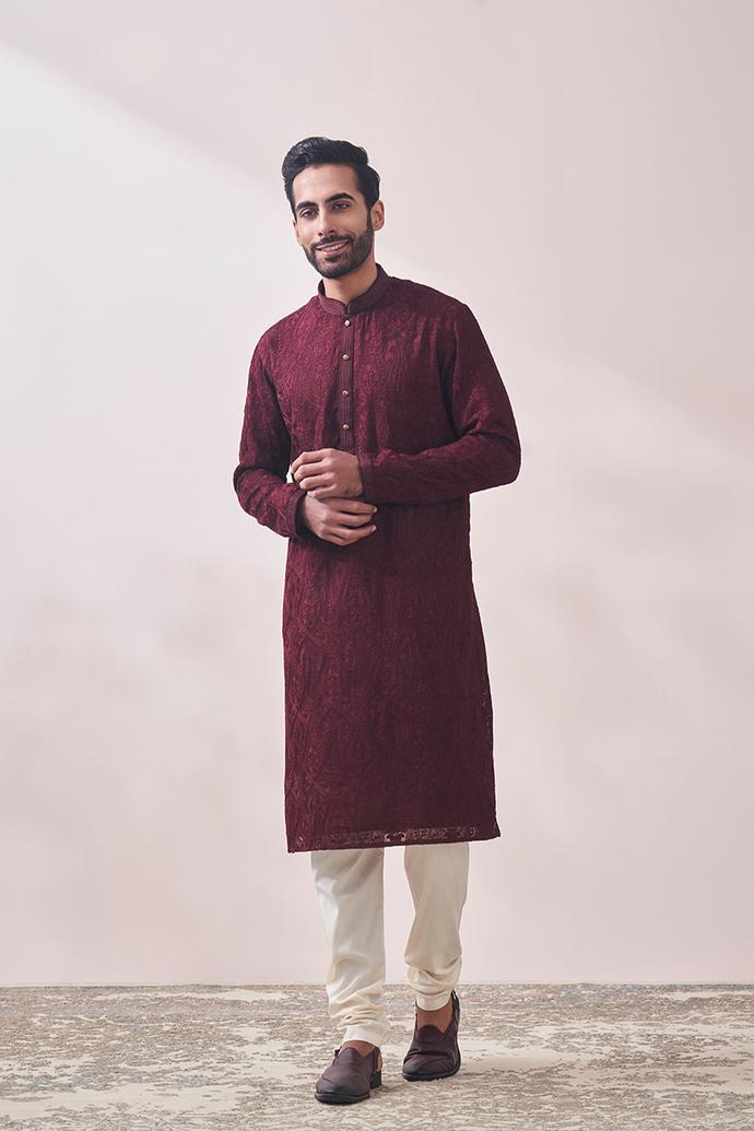 Twamev Men Berry Wine Kurta Set