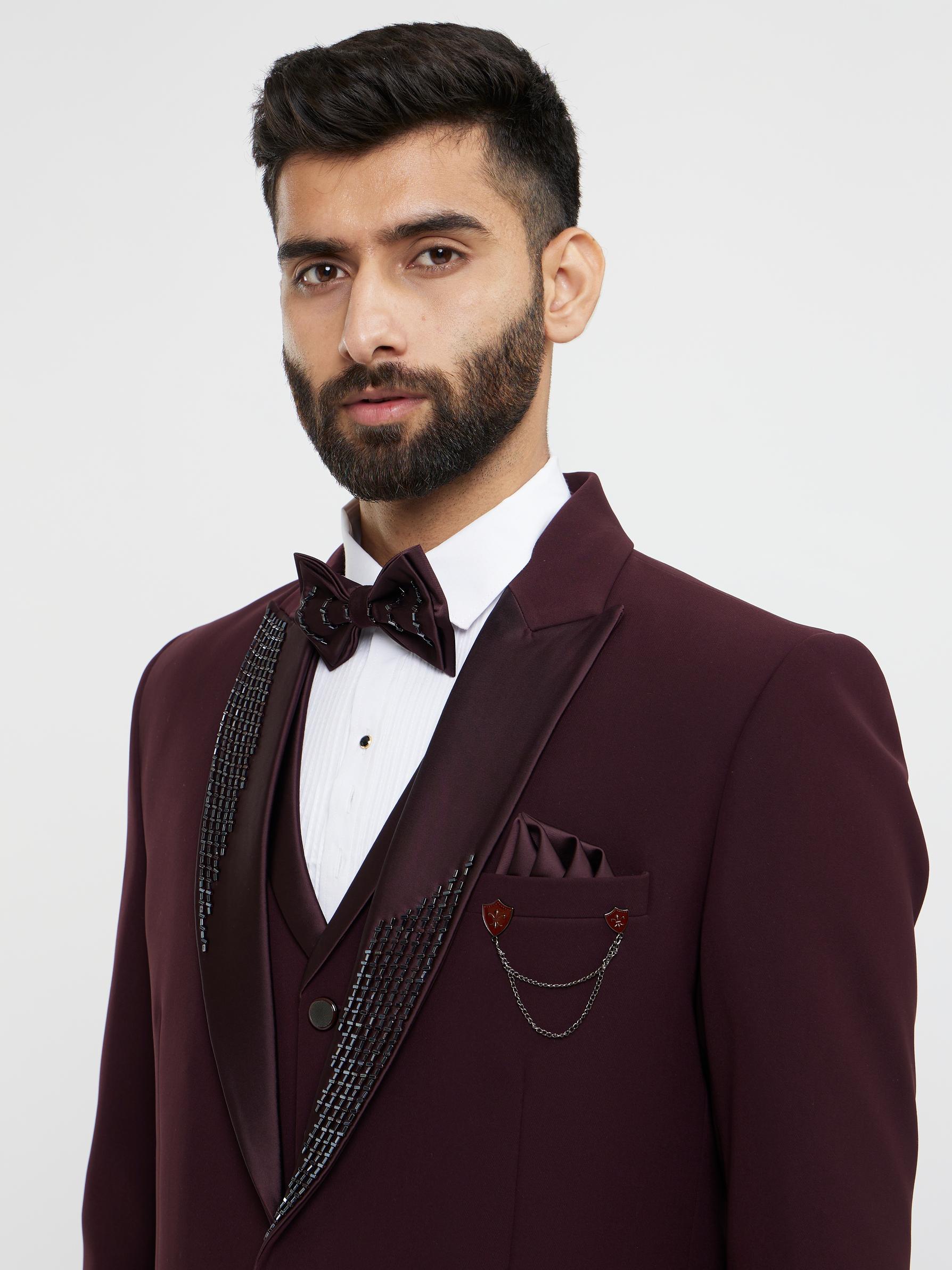 Twamev Men Wine Red Plain Classic Suit Set with Cutdana Work