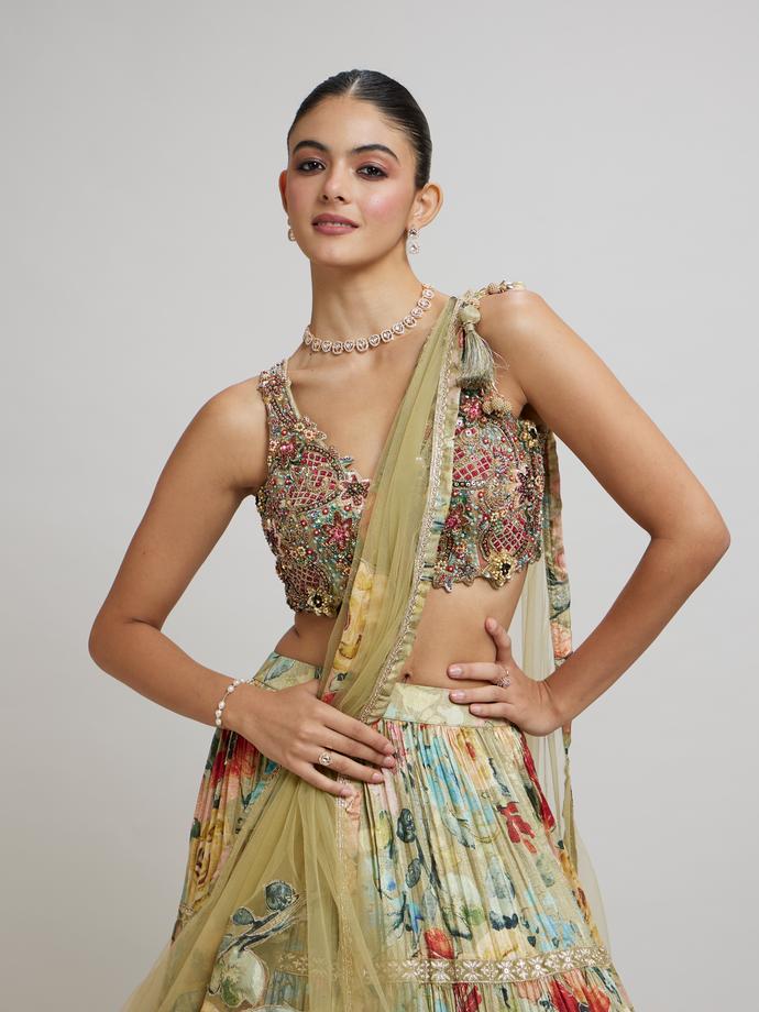 Twamev Women Enchanting Pista Green Lehenga
