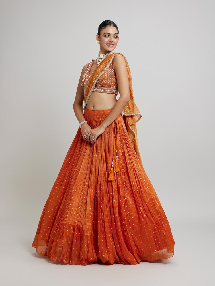 Twamev Women Orange Georgette Festive Lehenga