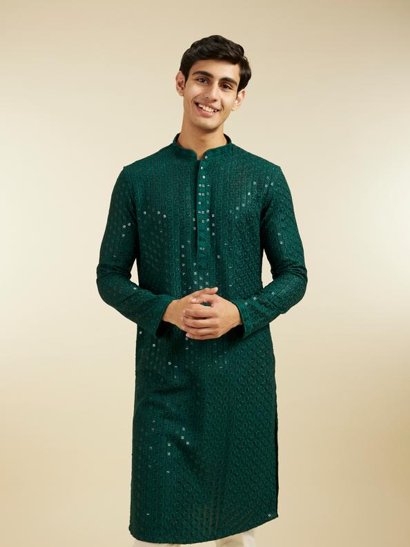 Diwas Men Bottle Green Chikankari Sequinned Kurta