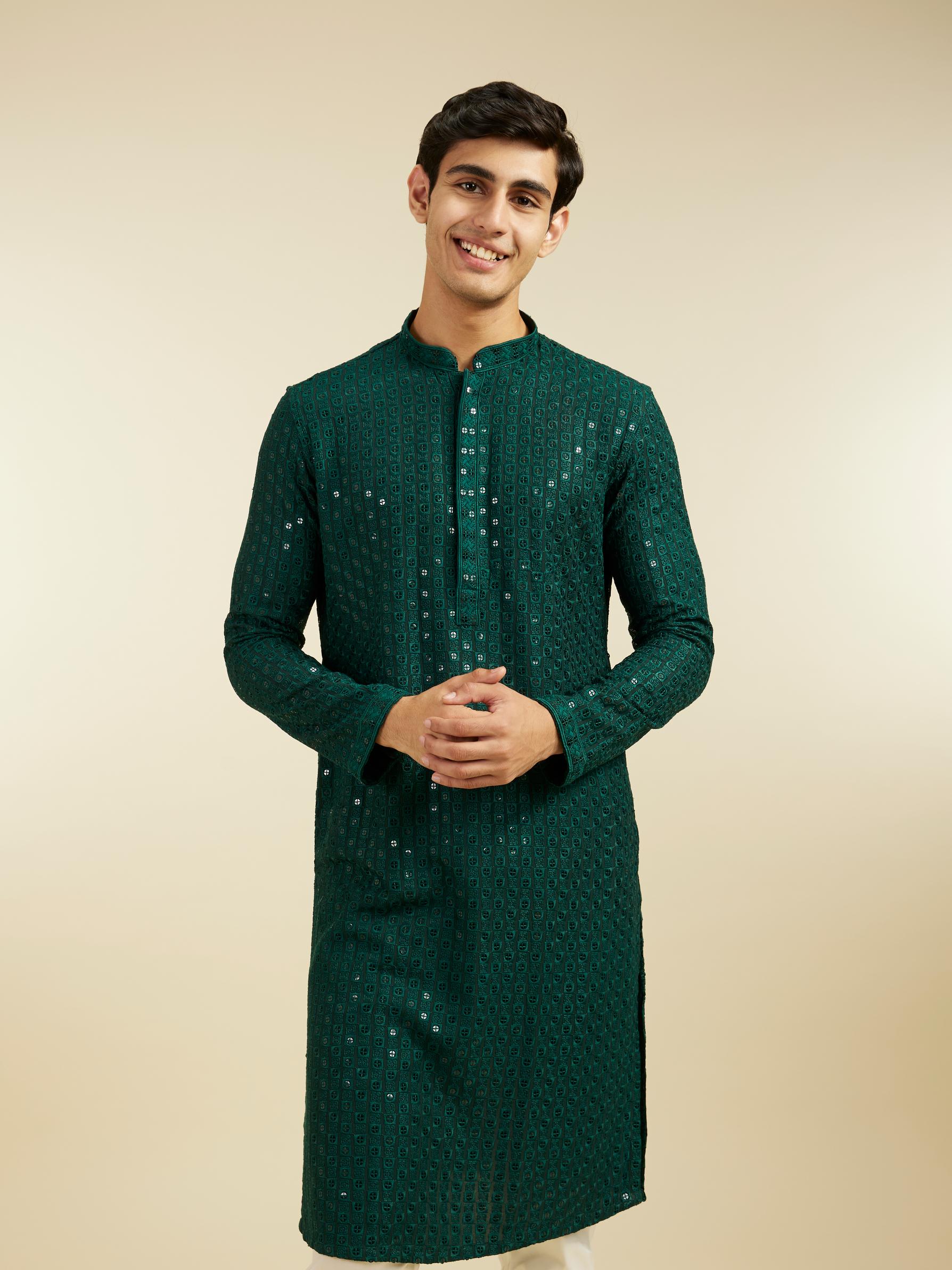 Diwas Men Bottle Green Chikankari Sequinned Kurta