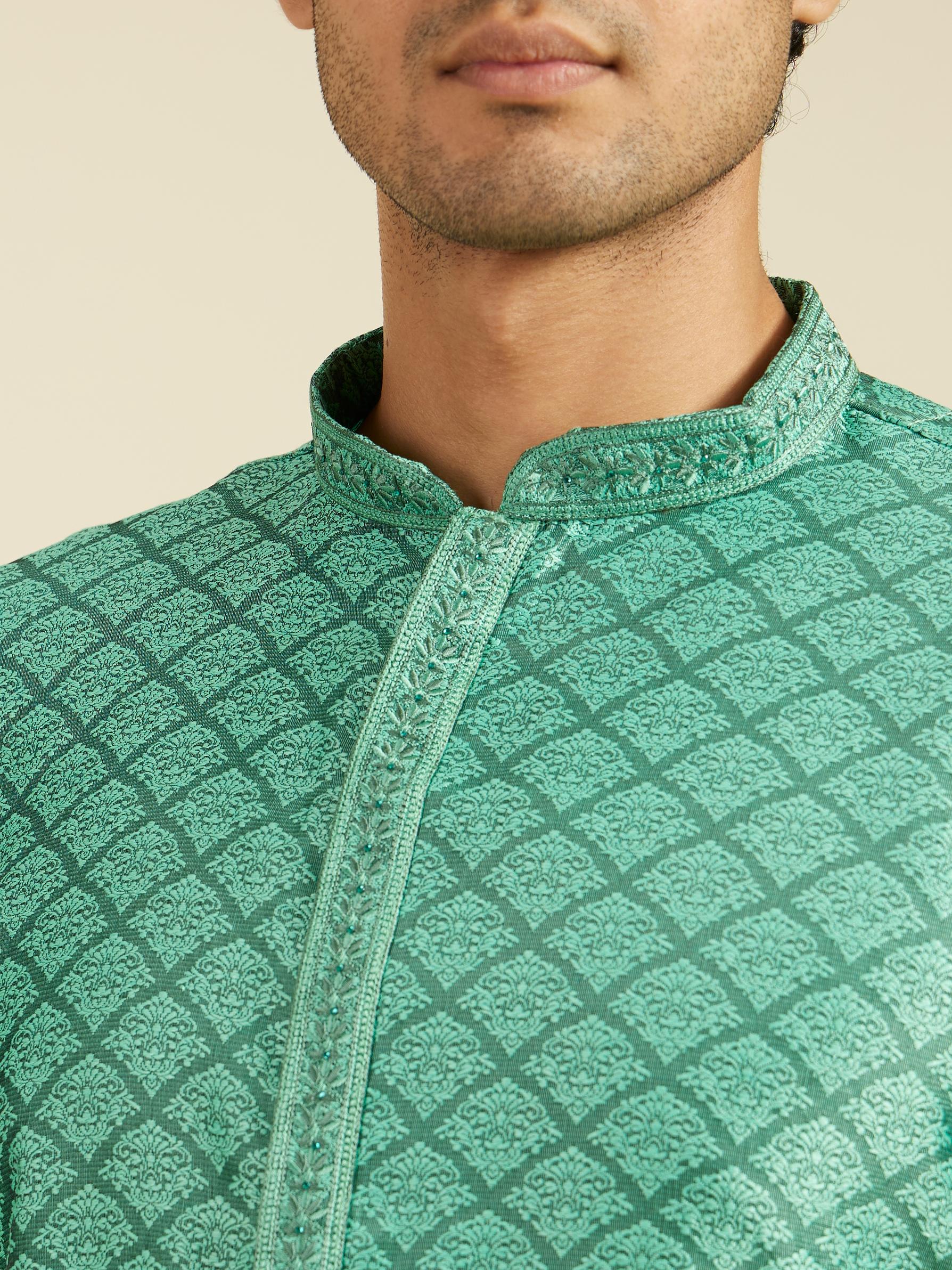 Diwas Men Soft Green Jaal Patterned Kurta