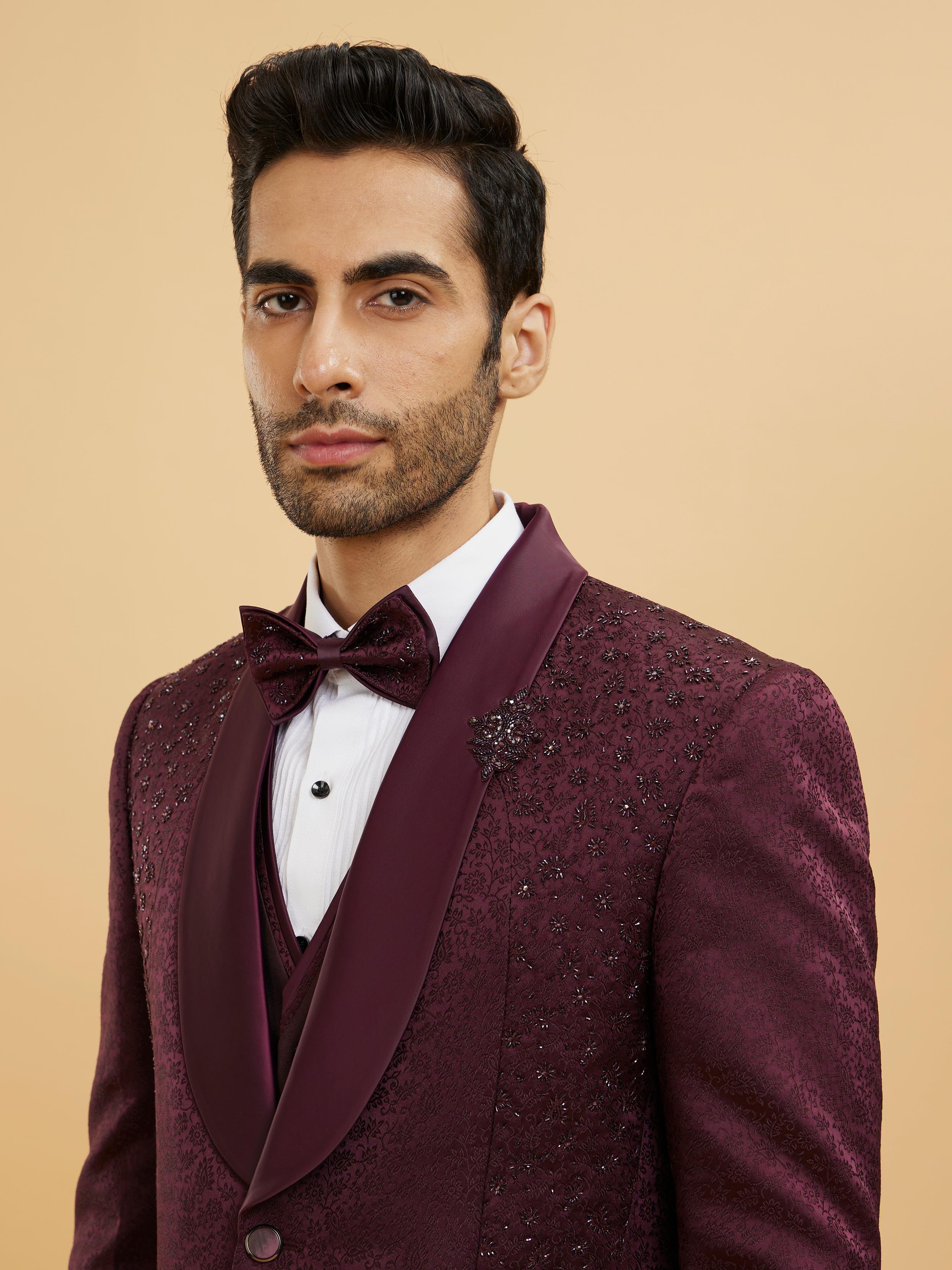 Twamev Men Wine Red Bel Buti Patterned Stone Work Designer Suit