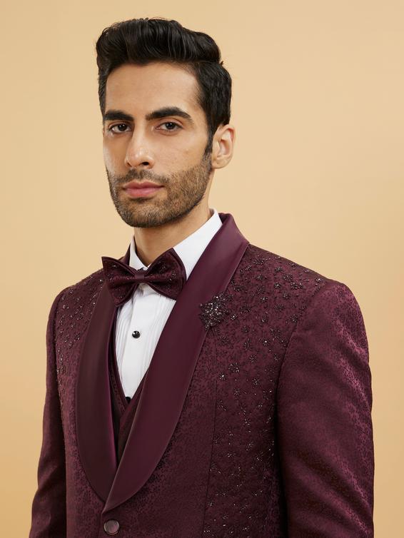 Twamev Men Wine Red Bel Buti Patterned Stone Work Designer Suit