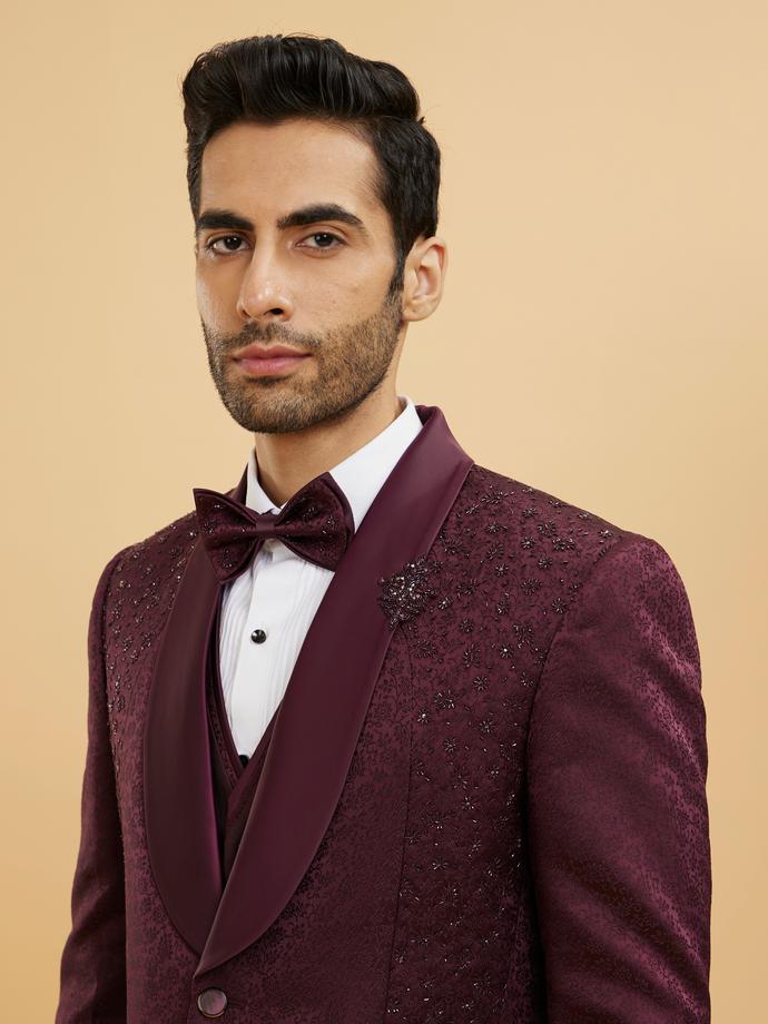 Twamev Men Wine Red Bel Buti Patterned Stone Work Designer Suit