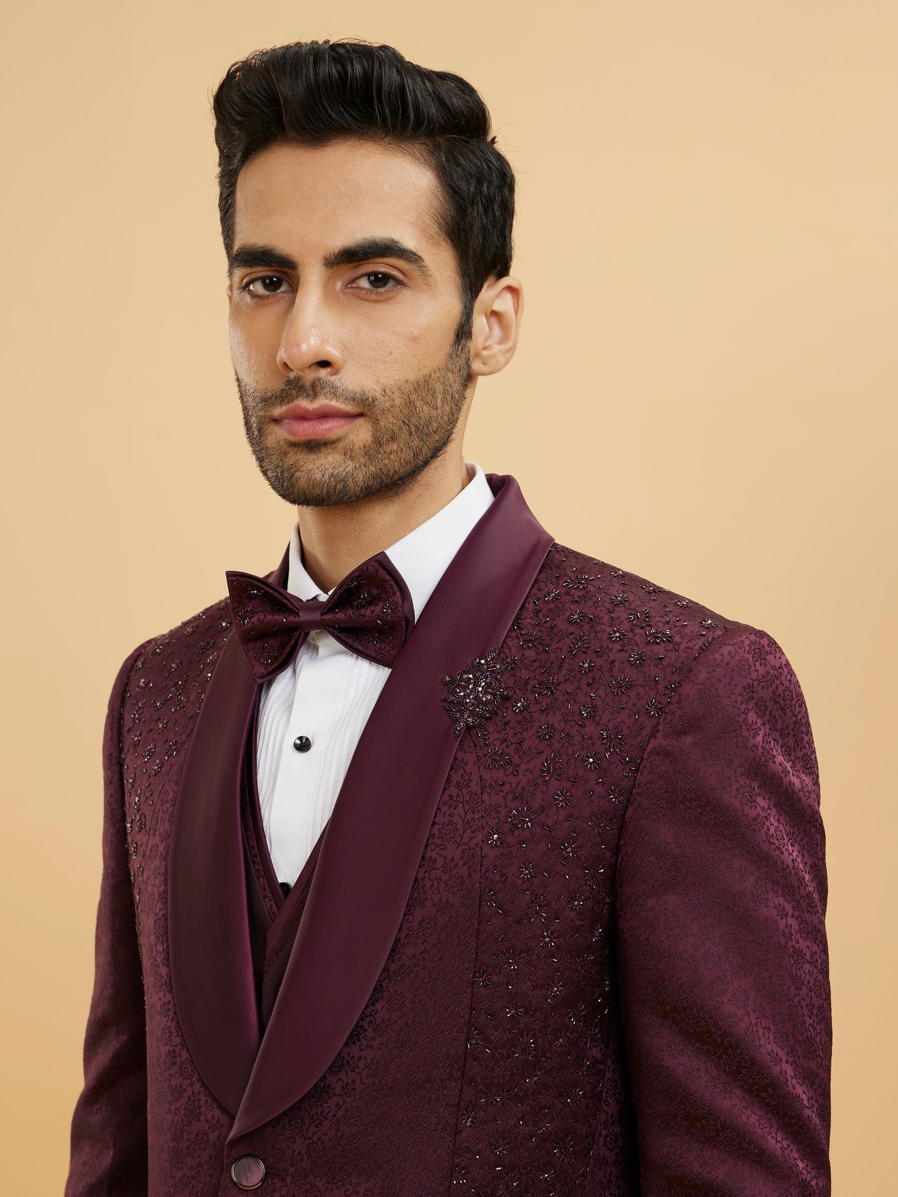 Twamev Men Wine Red Bel Buti Patterned Stone Work Designer Suit