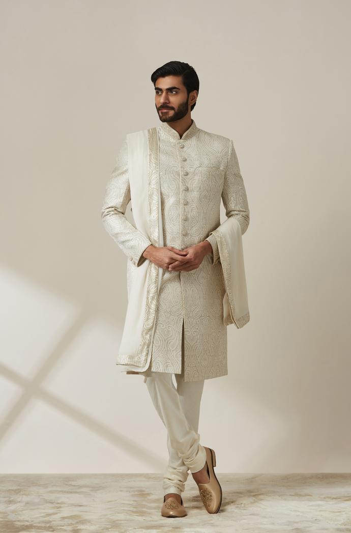 Twamev Men Classy White Patterned Sherwani Set