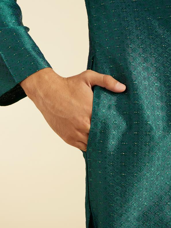 Diwas Men Teal Green Jaal Patterned Kurta with Embroidered Placket