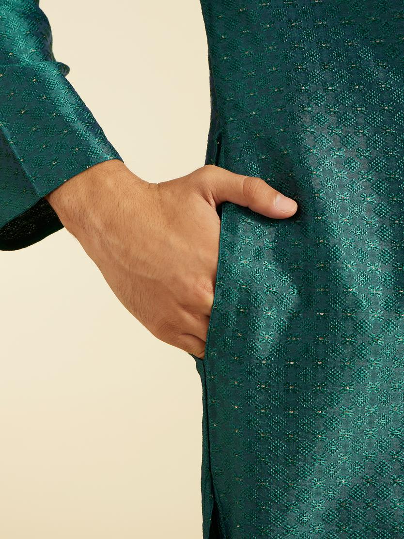 Diwas Men Teal Green Jaal Patterned Kurta with Embroidered Placket
