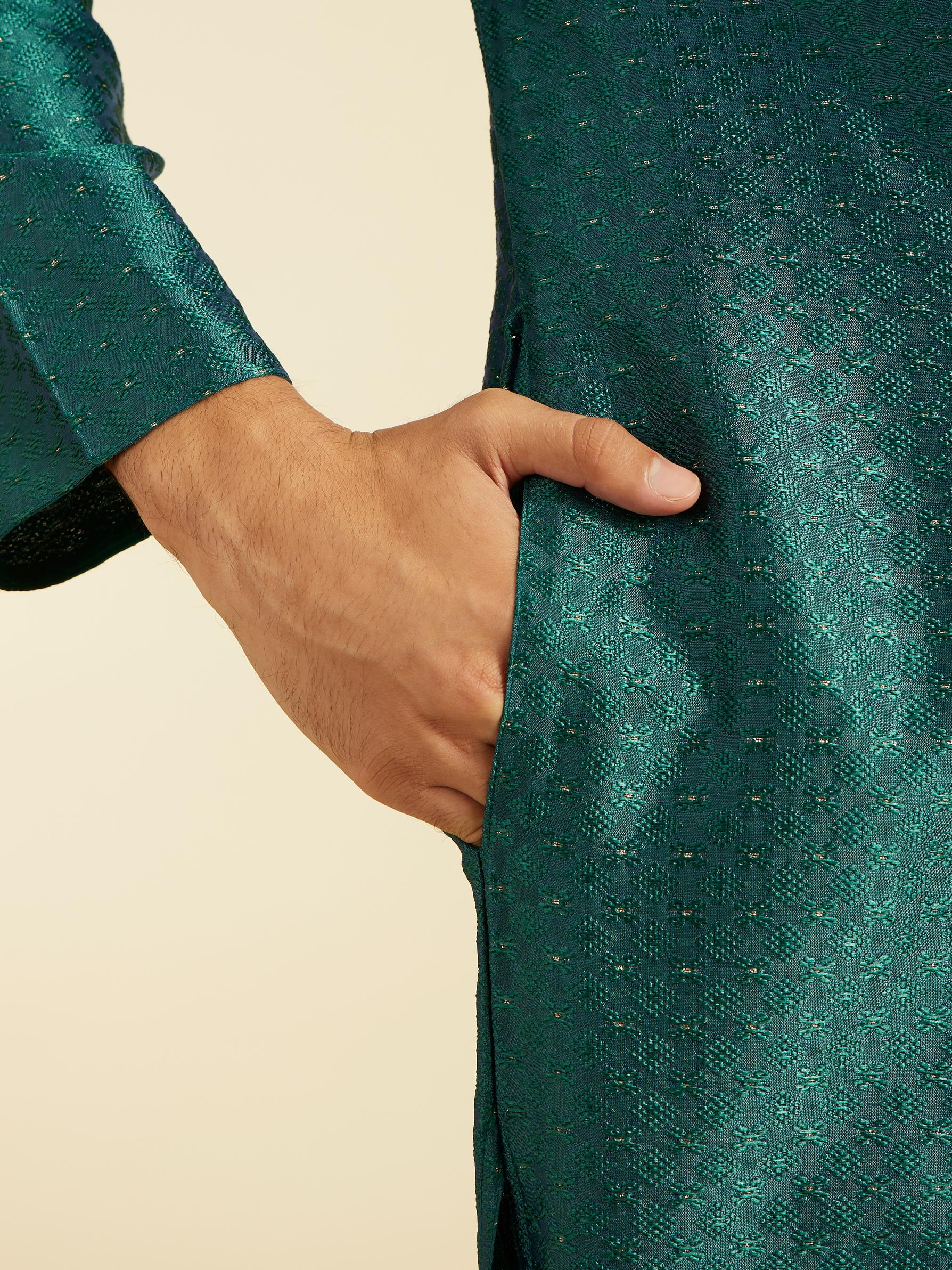 Diwas Men Teal Green Jaal Patterned Kurta with Embroidered Placket