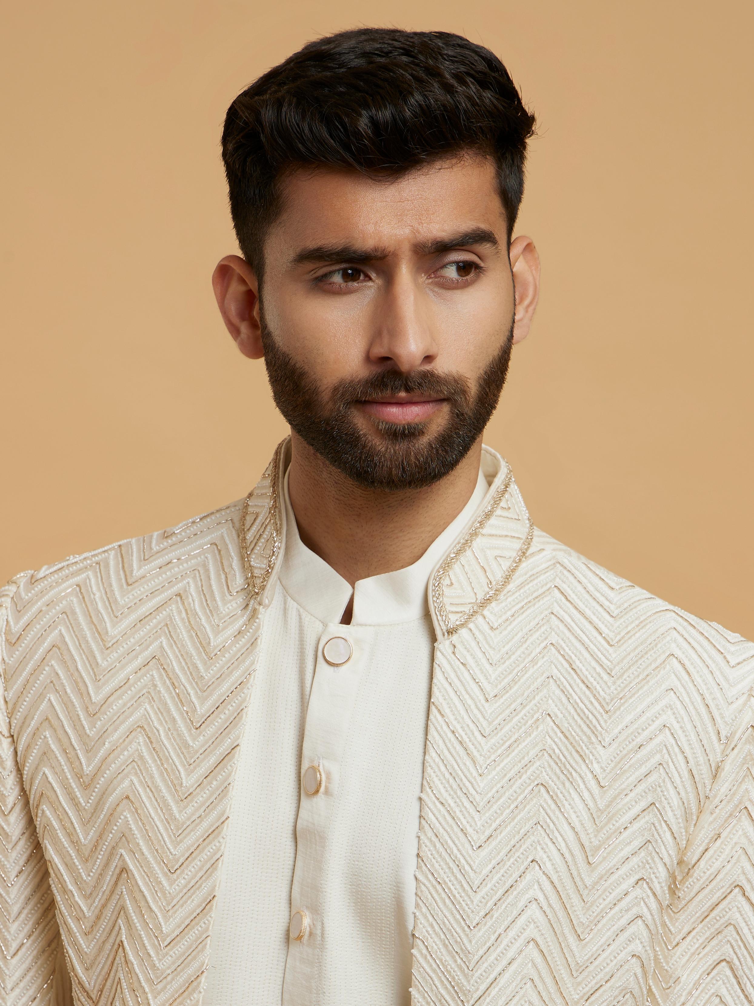 Twamev Men Glowing Cream Embellished Indo Western Set