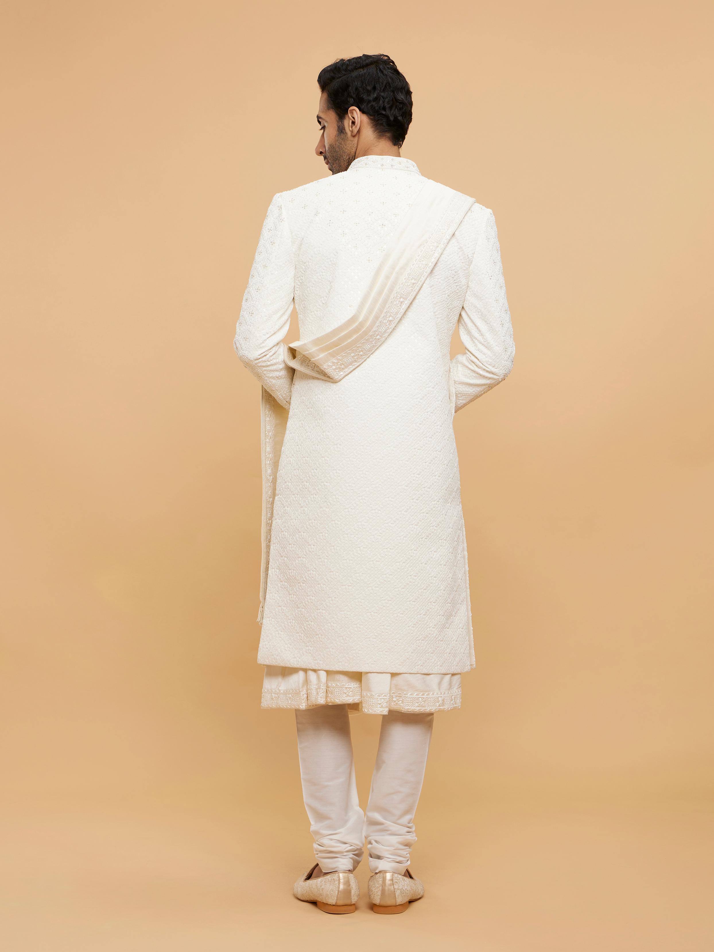 Twamev Men Warm White Jaal Patterned Sequinned Indo Western Set