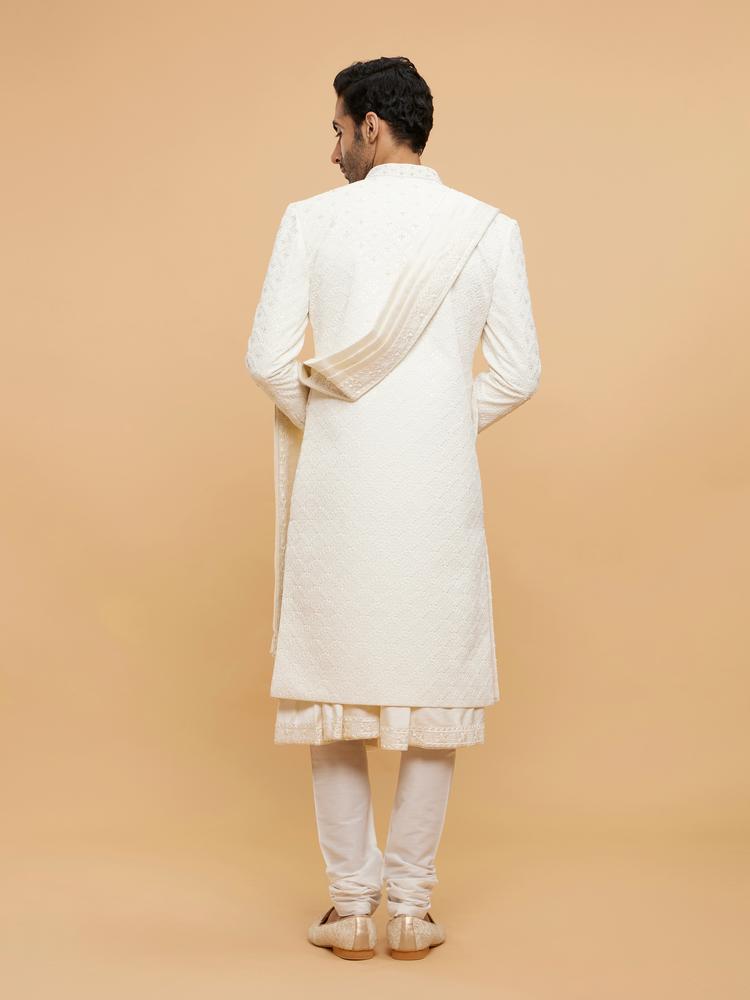 Twamev Men Warm White Jaal Patterned Sequinned Indo Western Set