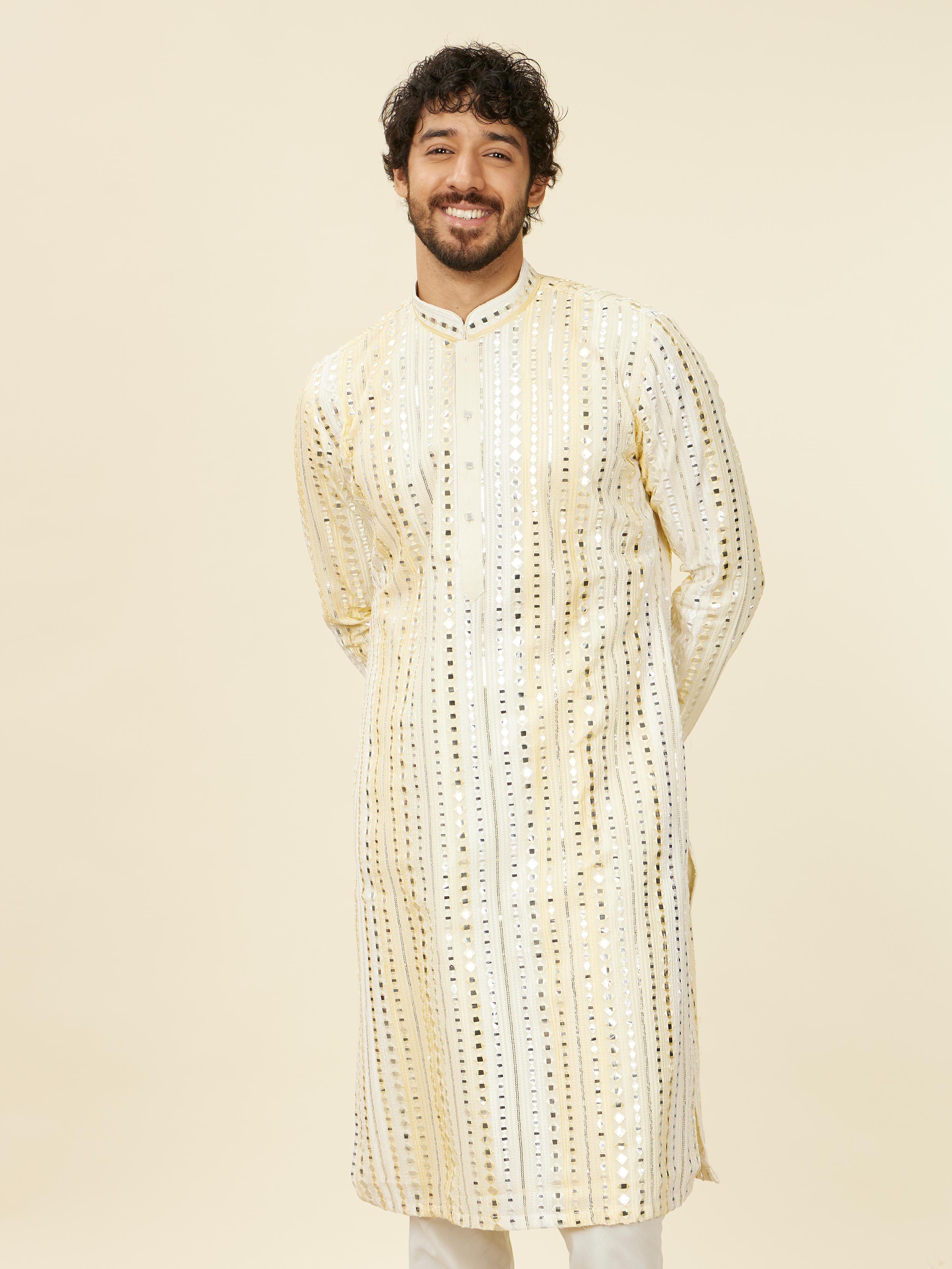 Twamev Men Lemon Yellow Kurta Set with Mirror Work