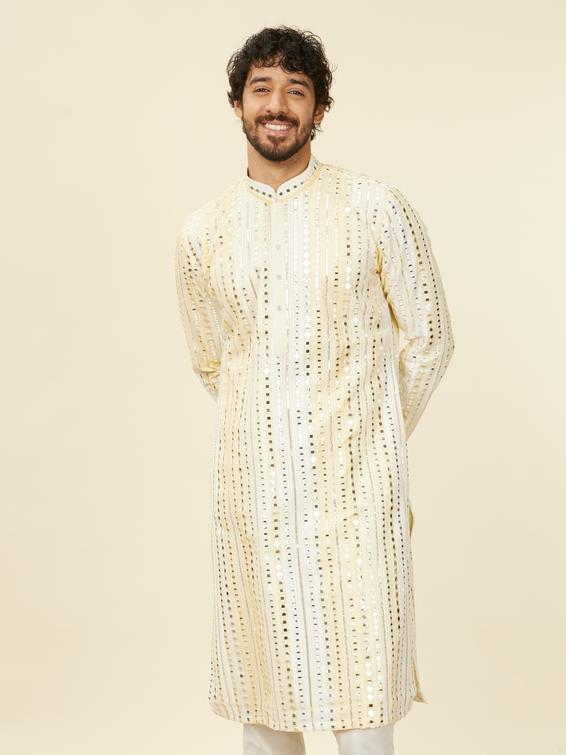 Twamev Men Lemon Yellow Kurta Set with Mirror Work