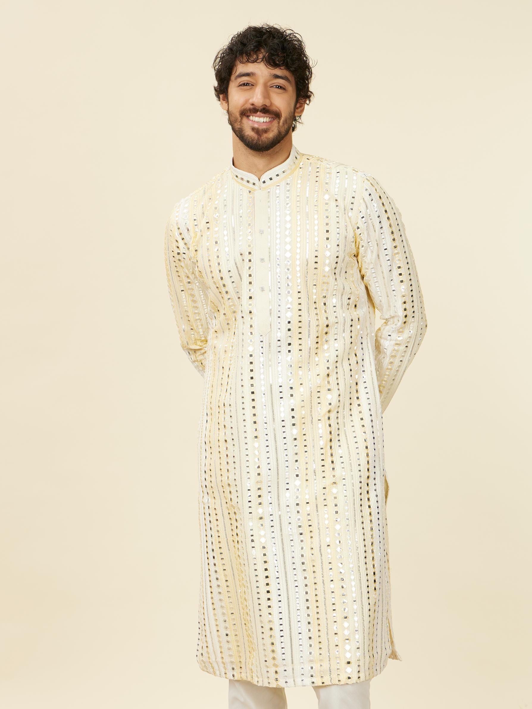 Twamev Men Lemon Yellow Kurta Set with Mirror Work