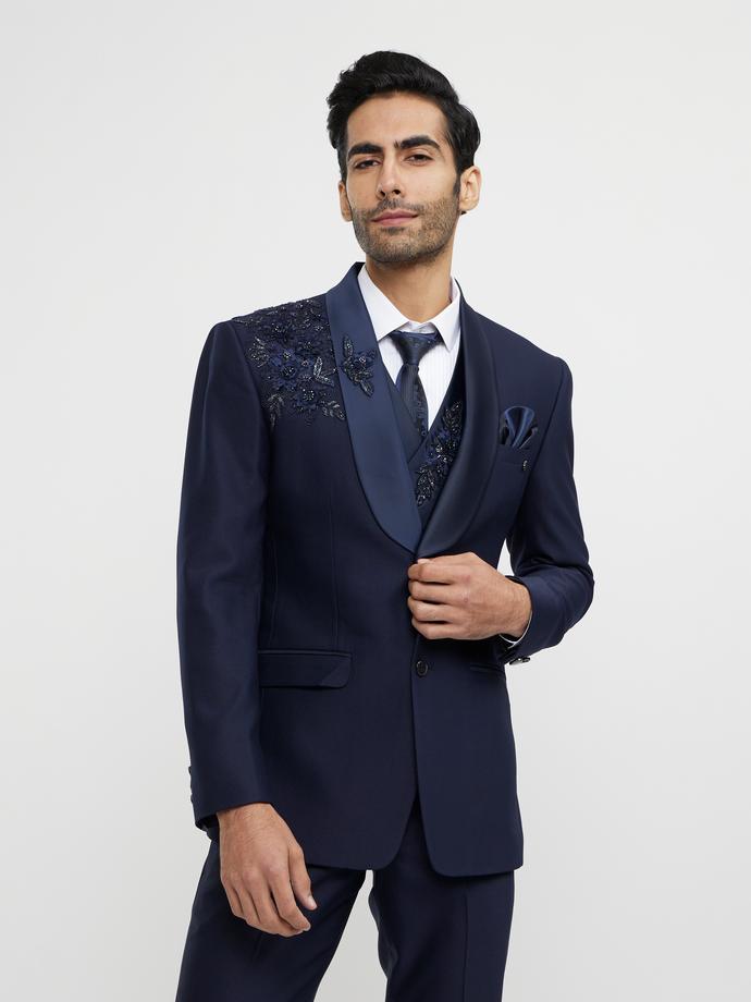 Twamev Men French Navy Blue Suit Set with Sequin Embellishment
