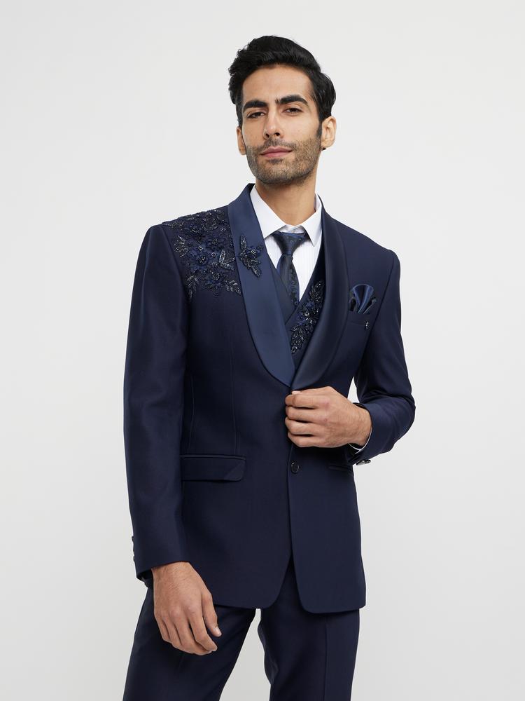 Twamev Men French Navy Blue Suit Set with Sequin Embellishment