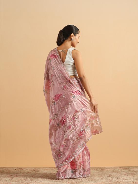 Twamev Women Majestic Purple Floral Organza Saree