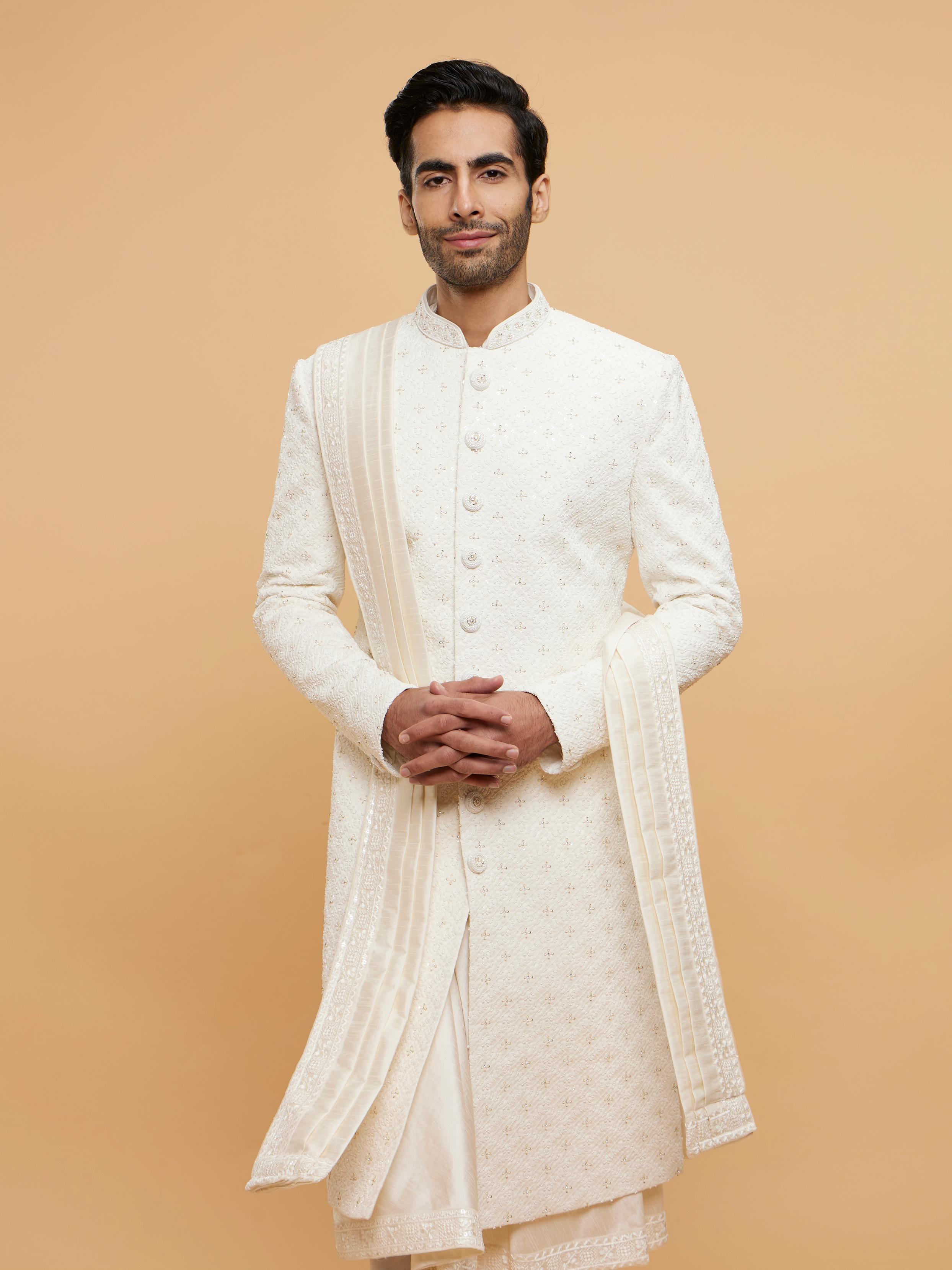 Twamev Men Warm White Jaal Patterned Sequinned Indo Western Set