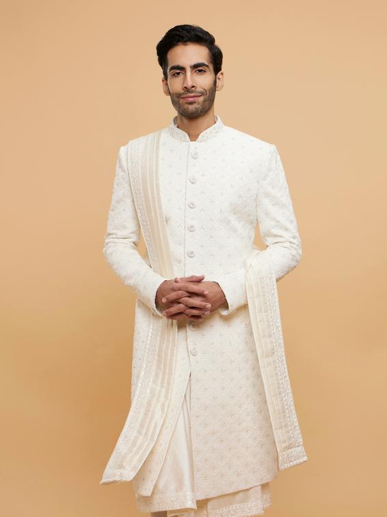 Twamev Men Warm White Jaal Patterned Sequinned Indo Western Set