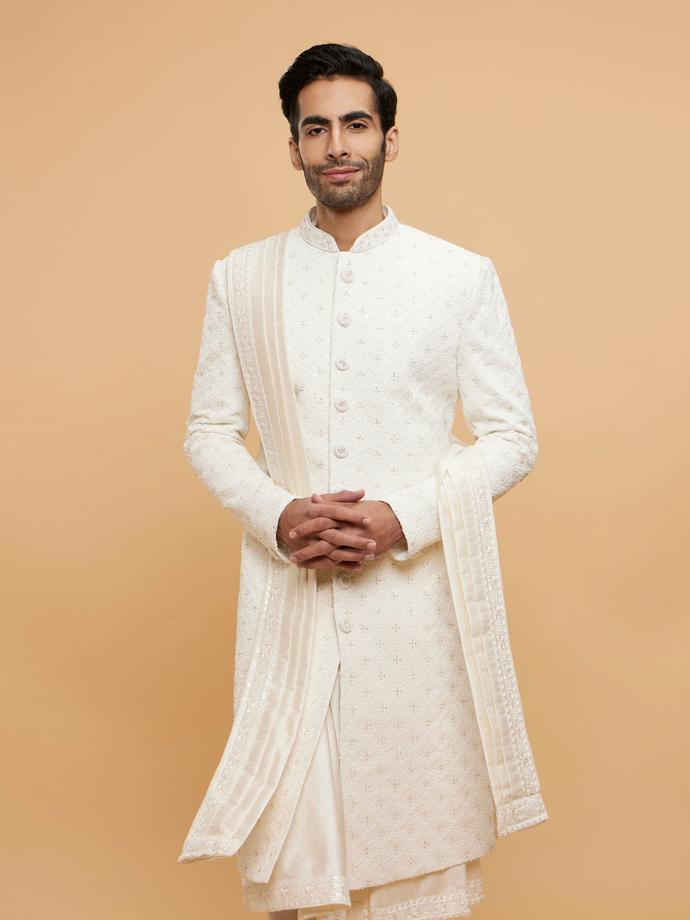 Twamev Men Warm White Jaal Patterned Sequinned Indo Western Set