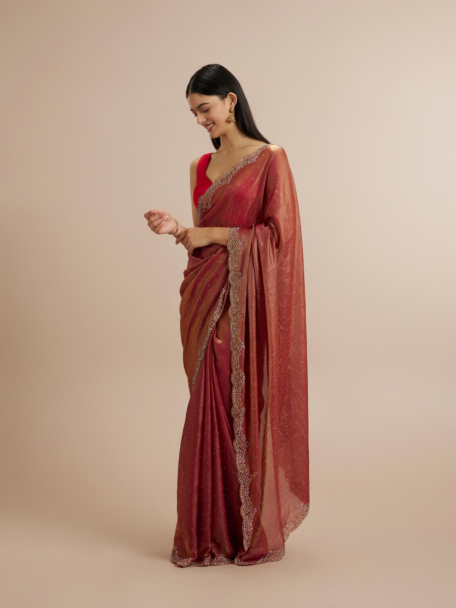 Twamev Women Radiant Rust Red Satin Saree
