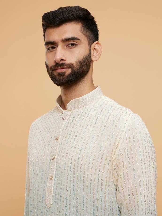Twamev Men Light Blue & Cream Ombre Kurta Set with Shimmery Linear Patterns