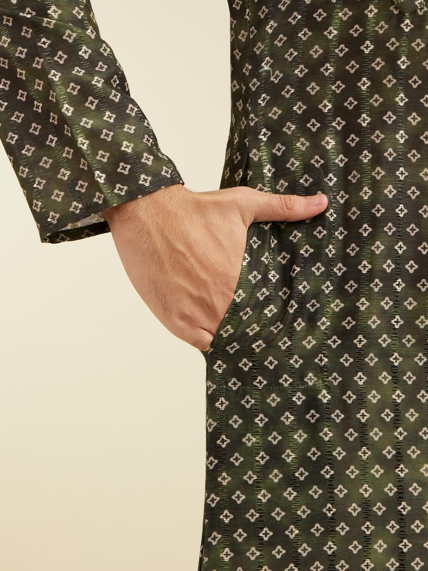 Diwas Men Bottle Green Bandhani Printed Angrakha Style Kurta
