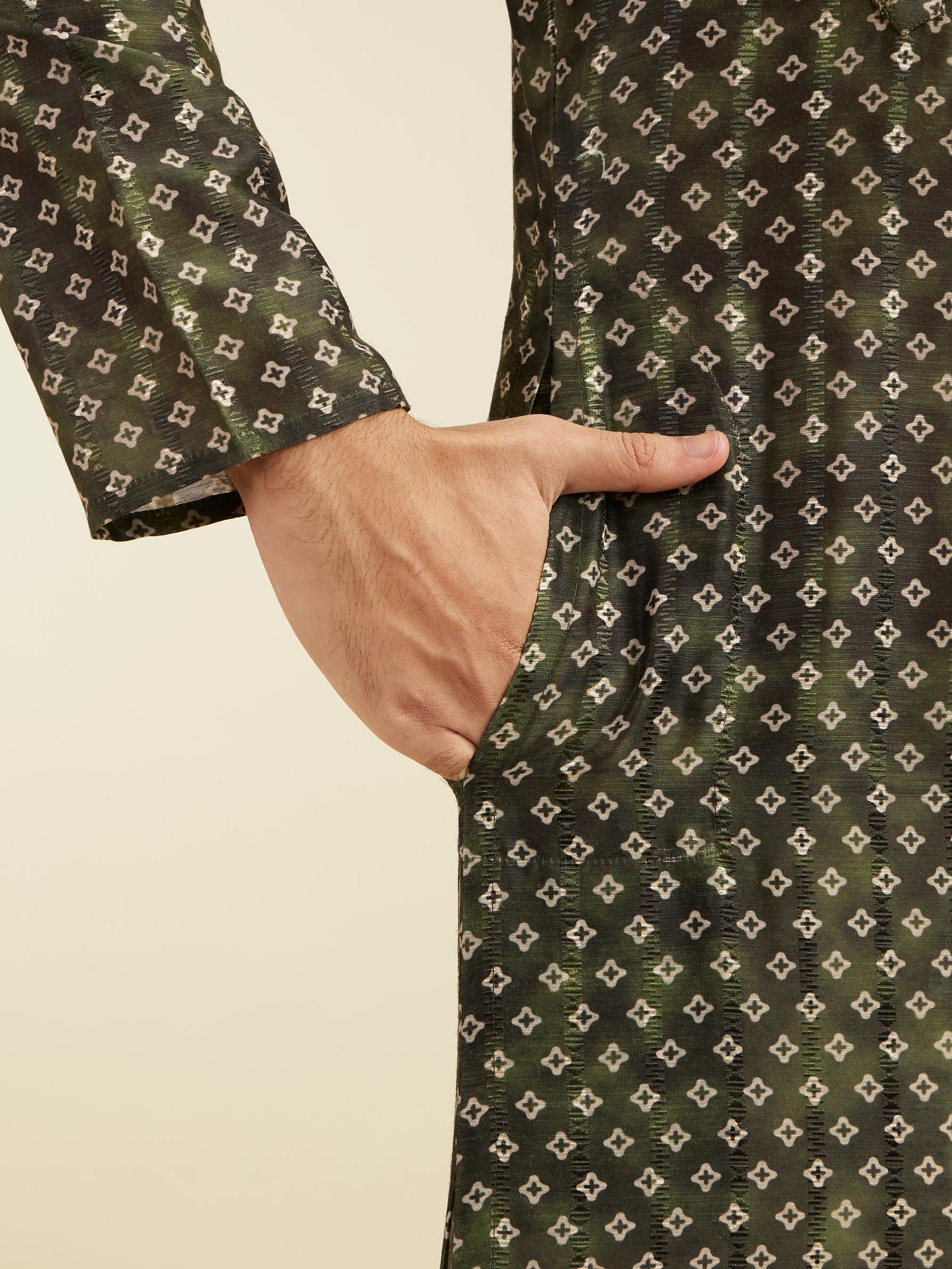 Diwas Men Bottle Green Bandhani Printed Angrakha Style Kurta