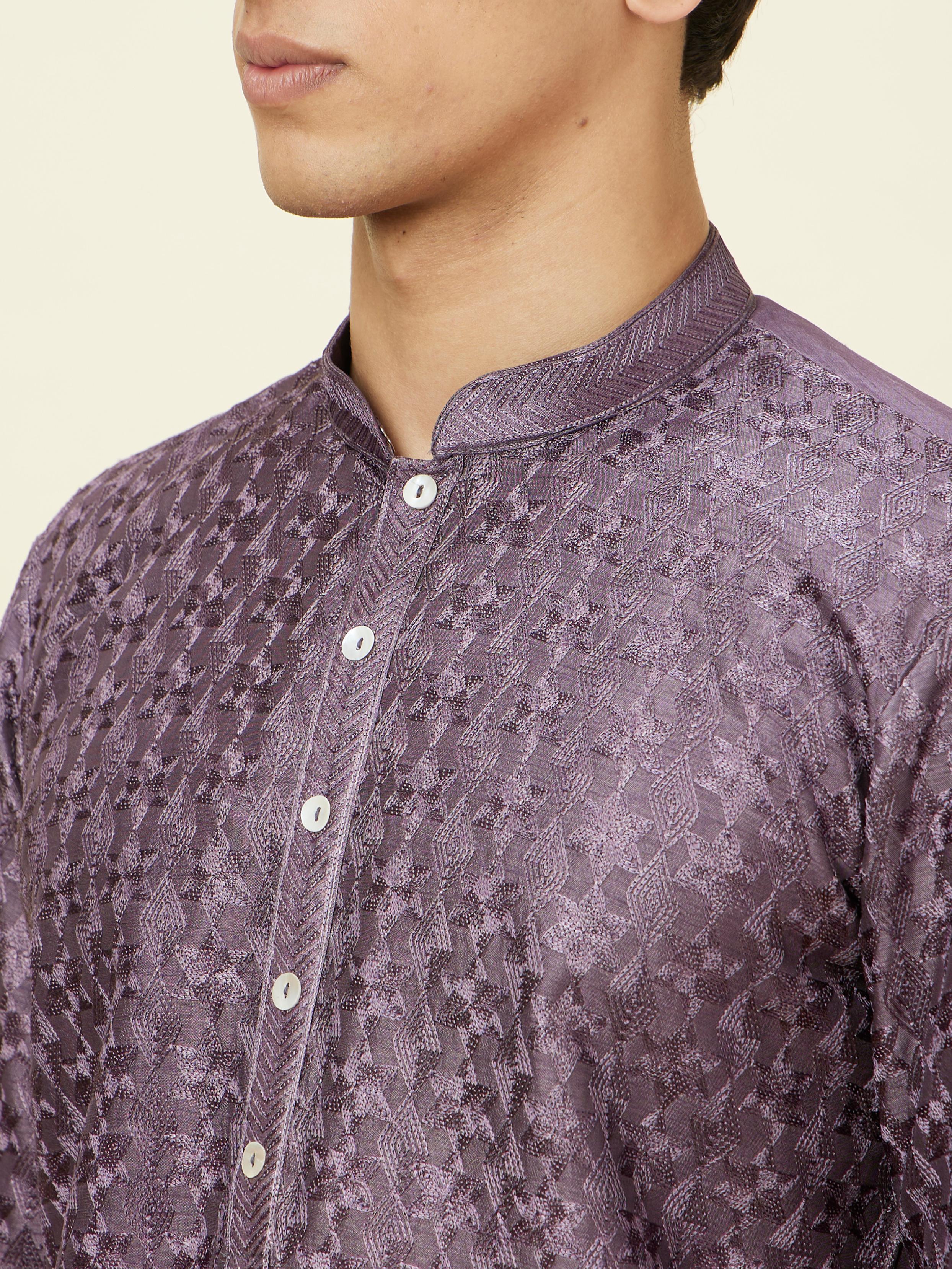 Twamev Men Amethyst Purple Floral Jaal Embroidered Kurta Set