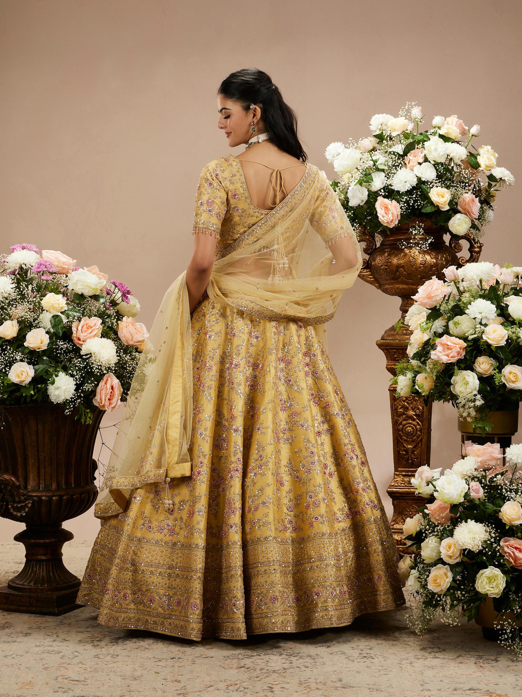 Twamev Women Gold Beige Bel Buti Embroidered Lehenga with Intricate Borders, Sequin And Stone Work