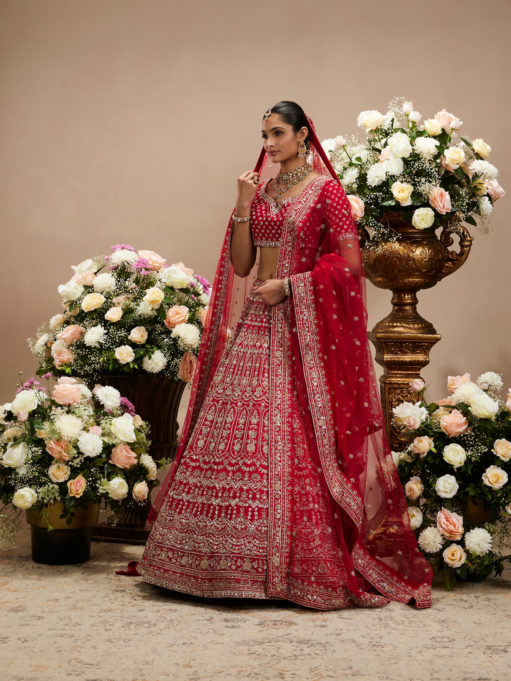 Twamev Women Scarlet Red Jaal Patterned Lehenga with Floral Motifs, Scalloped And Bel Buti Borders