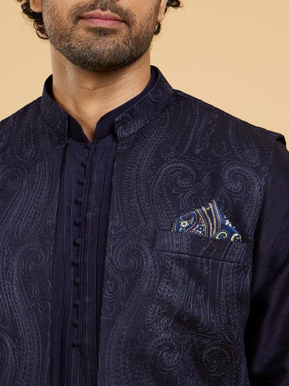 Twamev Men Glistening Dark Blue Satin Pocket Square