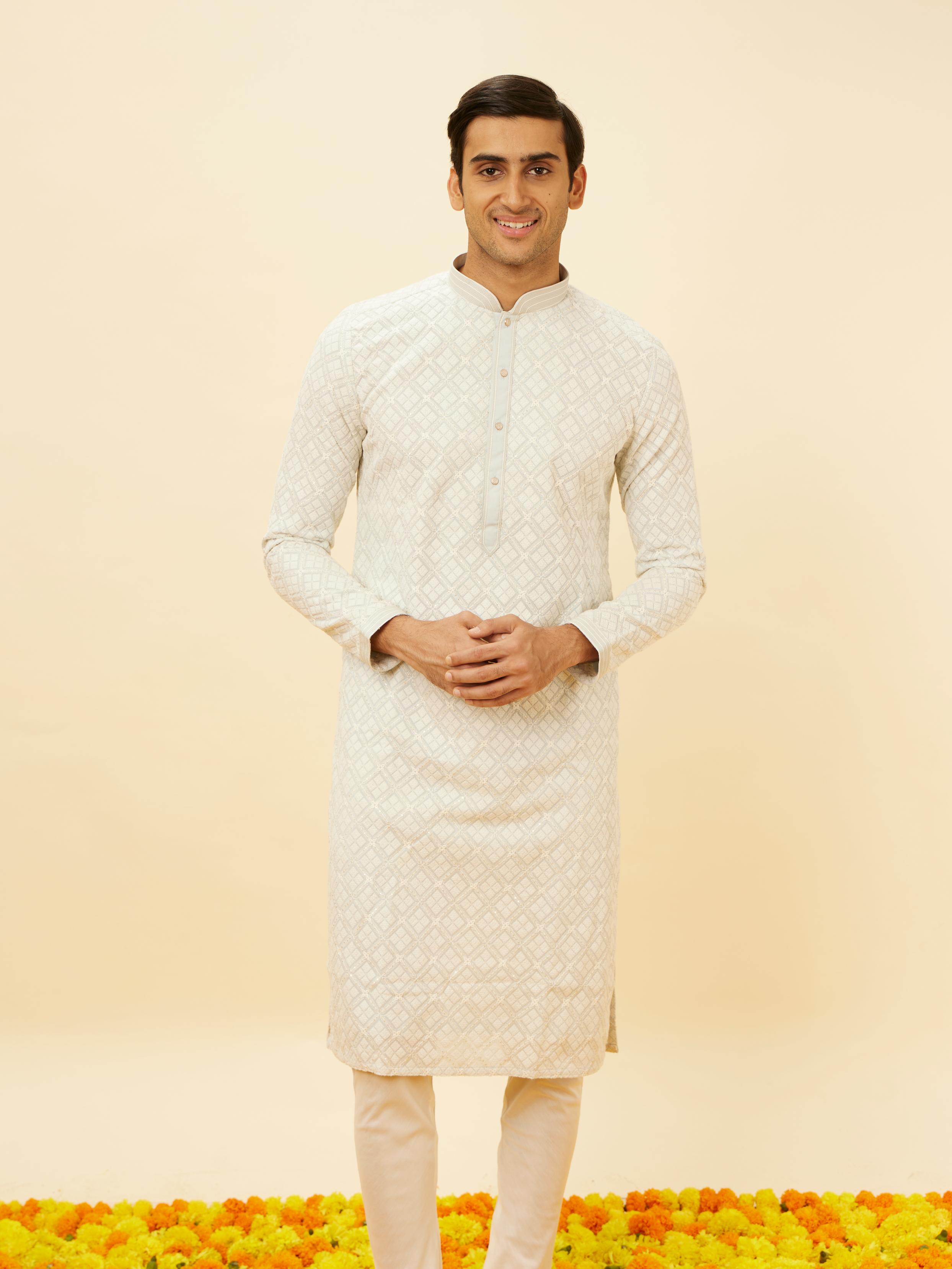 Twamev Men Mist Blue Sequined Chikankari Kurta Set