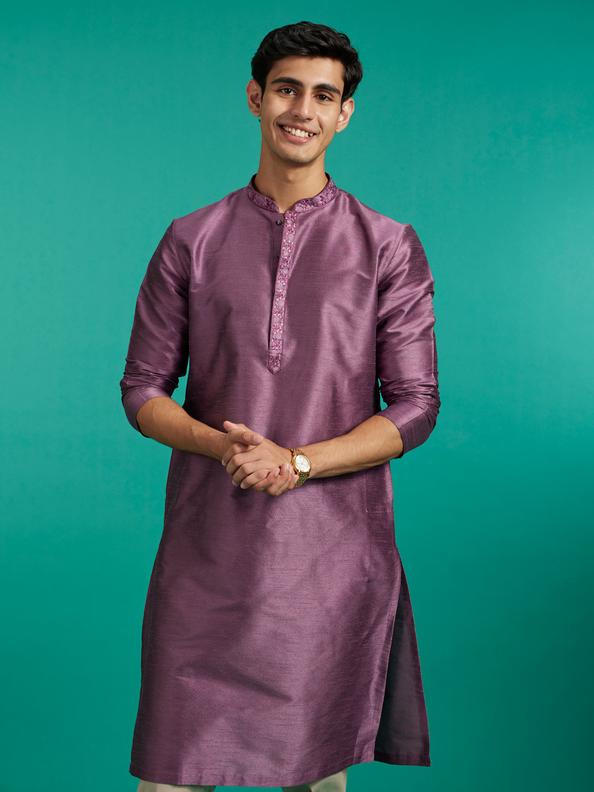 Diwas Men Lilac Shadow Plain Kurta with Embroidered Neckline