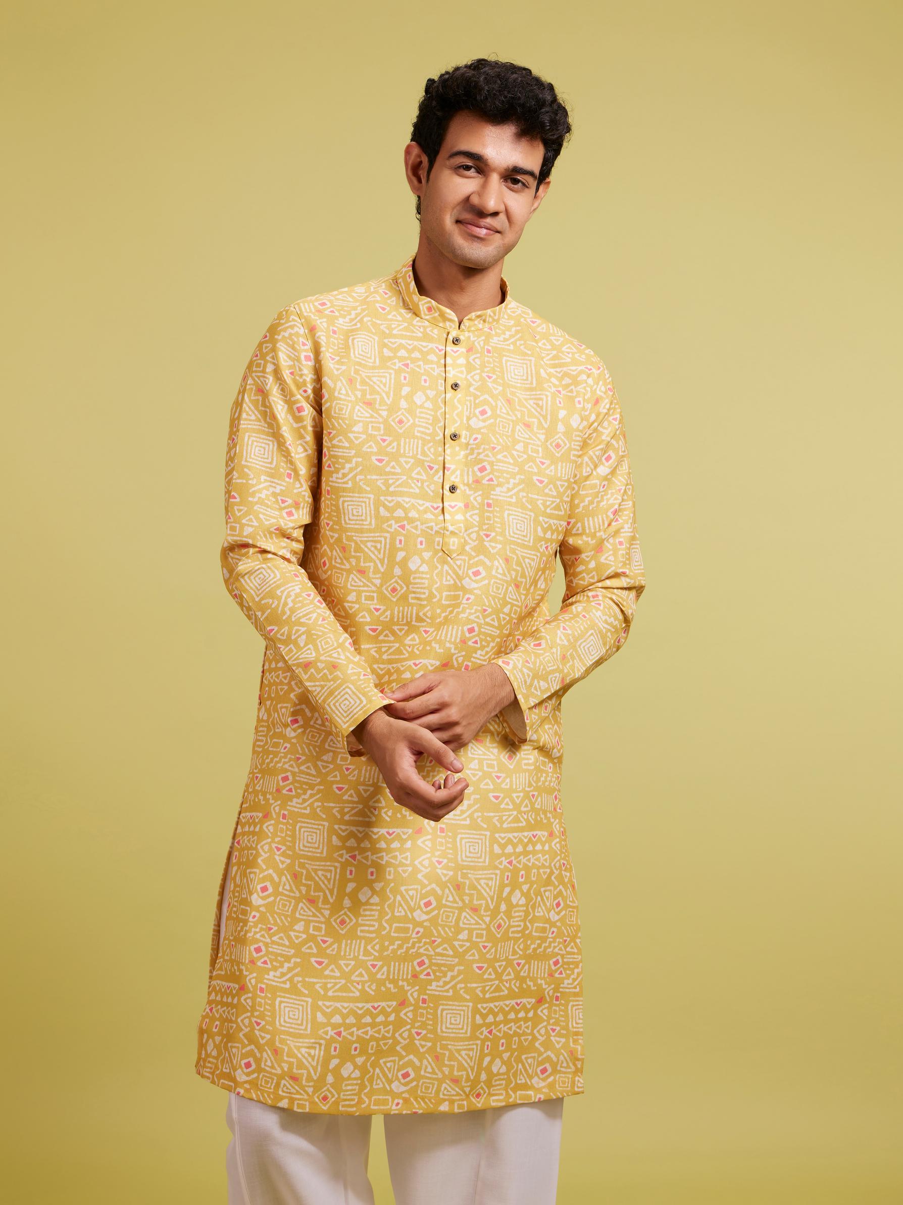 Diwas Men Mustard Yellow Aztec Printed Kurta