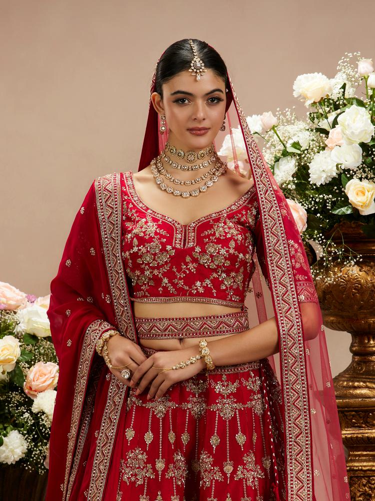 Twamev Women Tomato Red Zari Embroidered Lehenga with Medallion And Buta Motifs