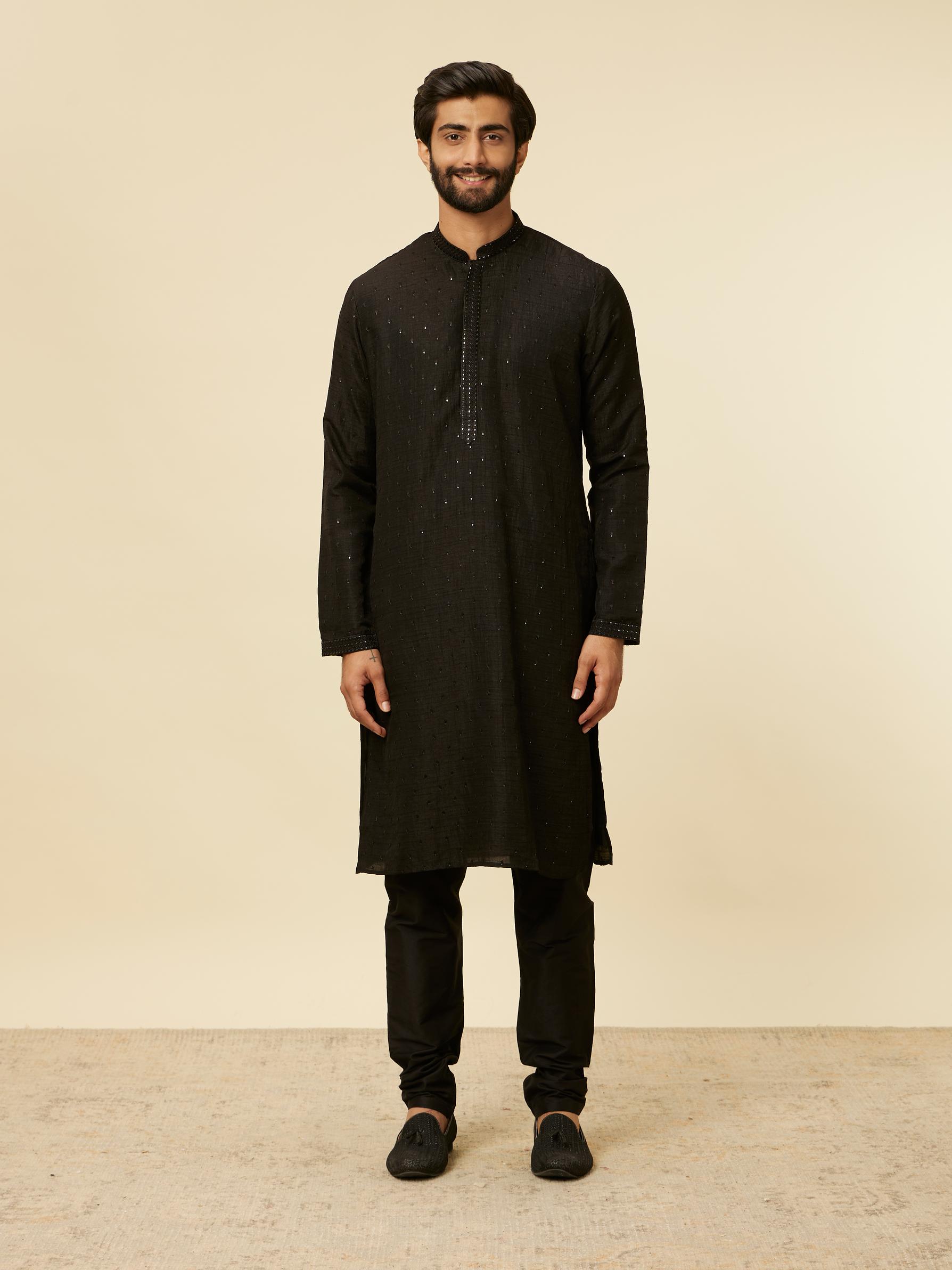 Twamev Men Classic Black Sequinned Kurta Jacket Set