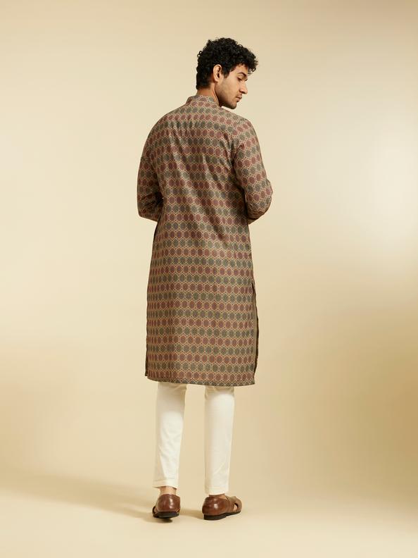 Diwas Men Olive Green Honeycomb Printed Kurta
