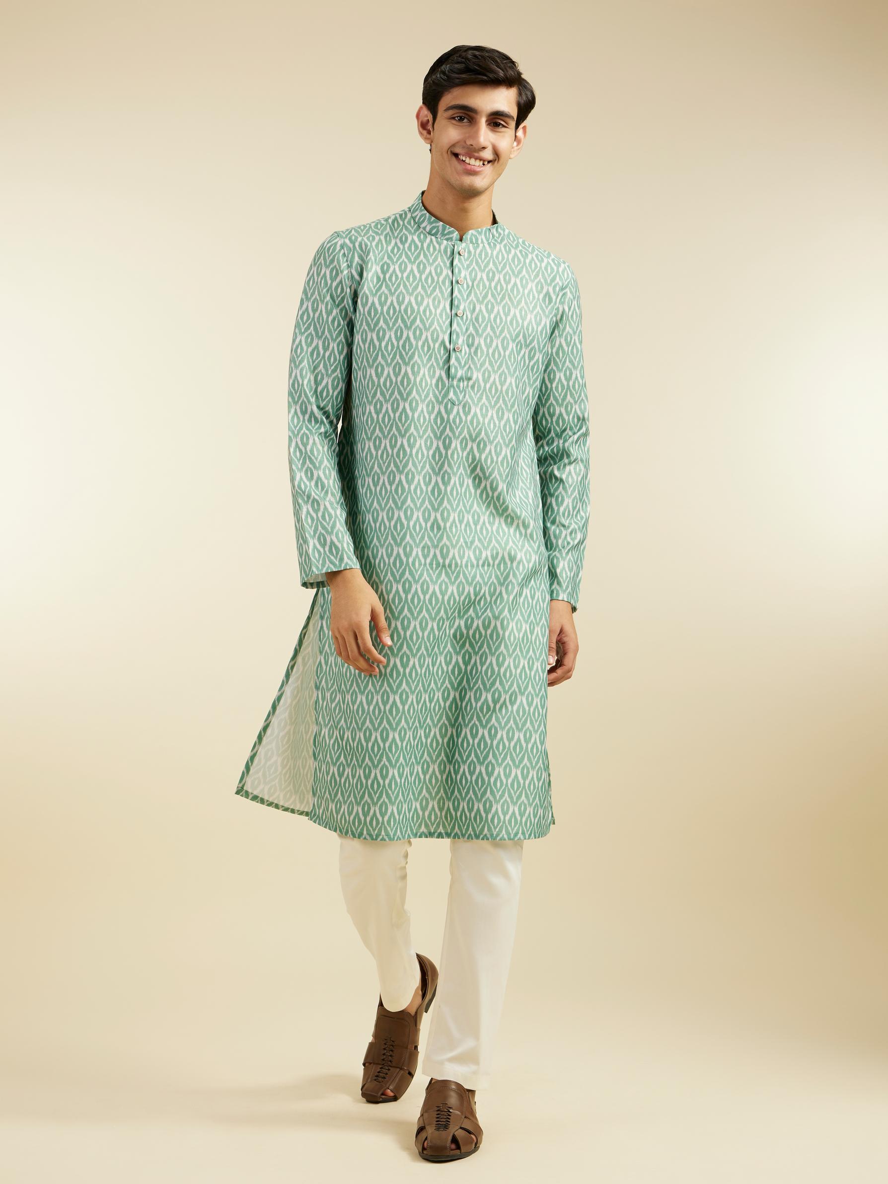 Diwas Men Pistachio Green Ikat Printed Kurta