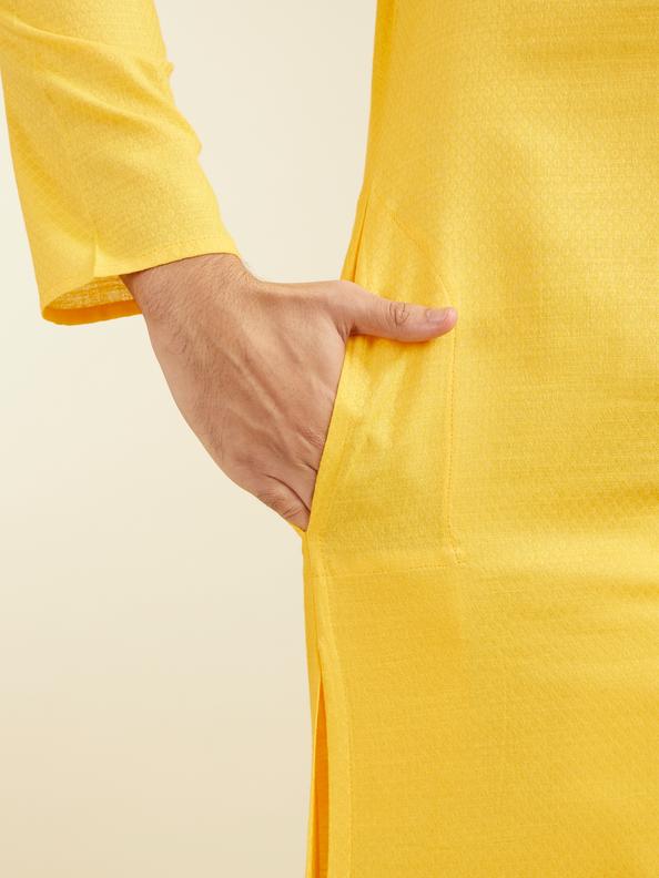 Diwas Men Mustard Yellow Lattice Patterned Kurta with Embroidered Neckline