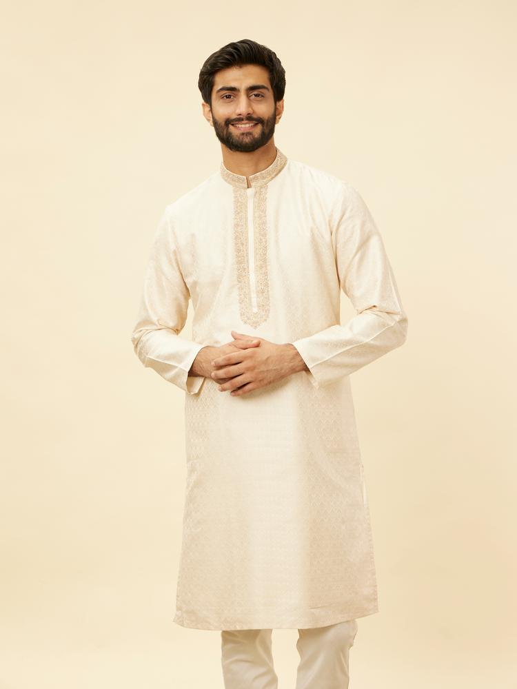 Twamev Men Twinkling Cream Brocade Kurta Pajama