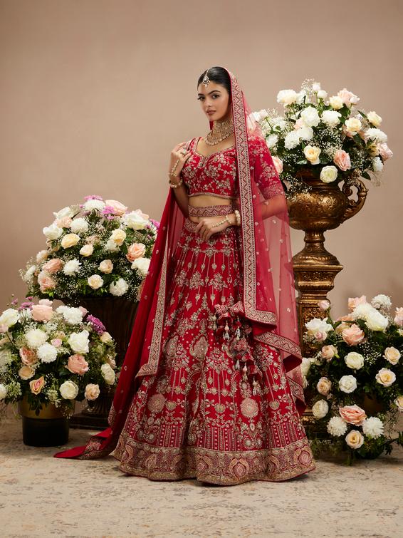 Twamev Women Tomato Red Zari Embroidered Lehenga with Medallion And Buta Motifs