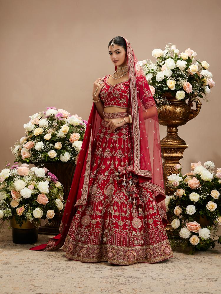 Twamev Women Tomato Red Zari Embroidered Lehenga with Medallion And Buta Motifs